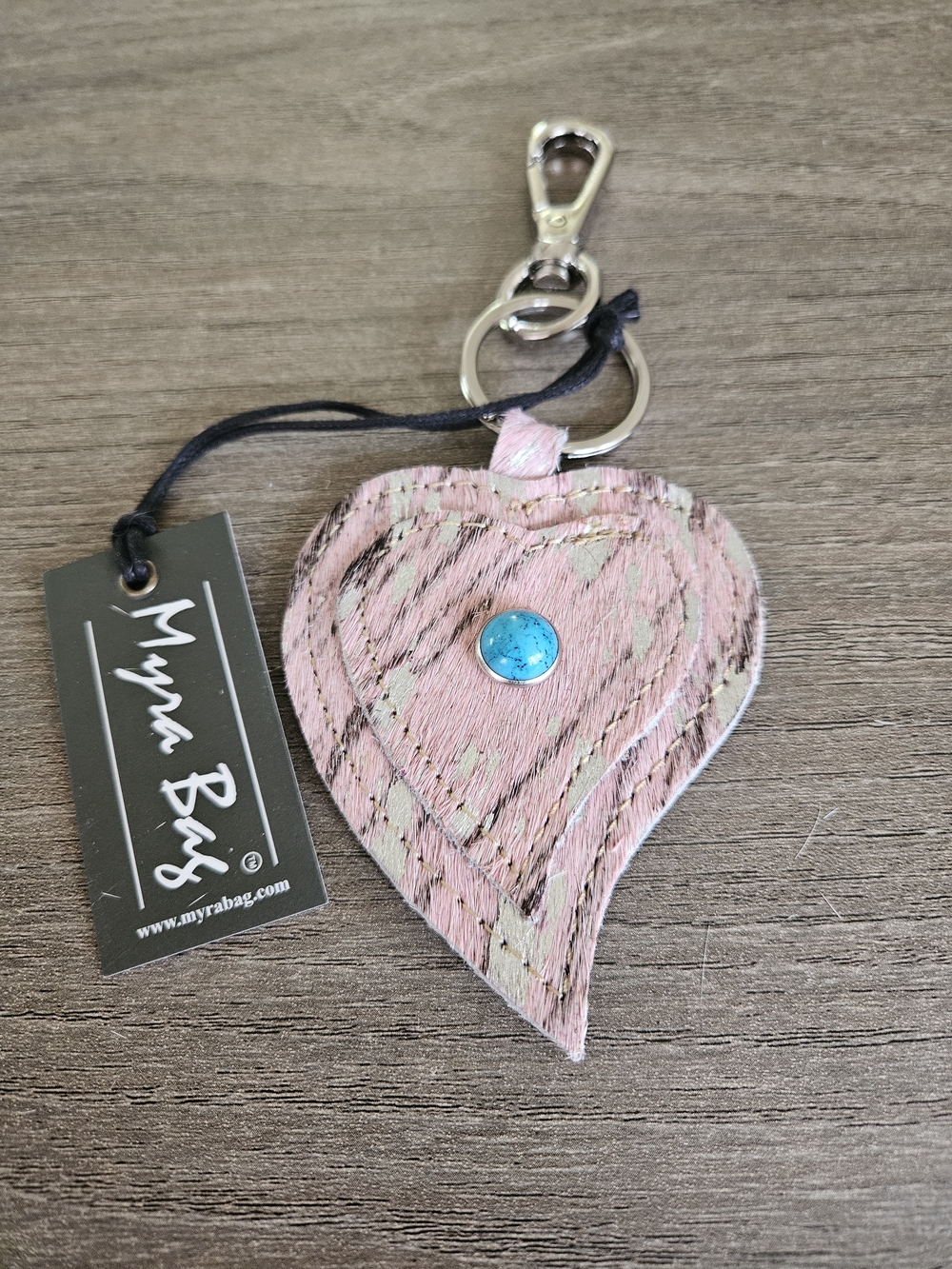 Myra Bag Pink Heart Leather Keychain with Turquoise Accent-NWT
